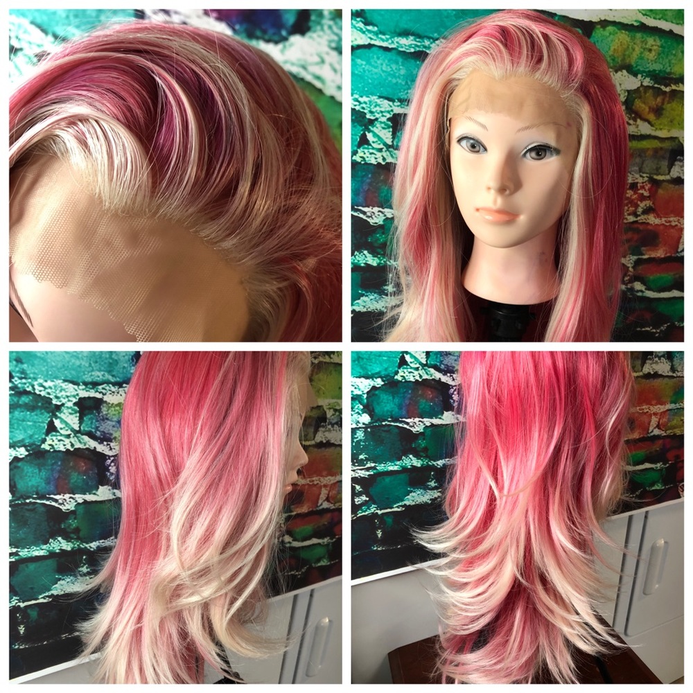 Lace front pink blonde layered wig